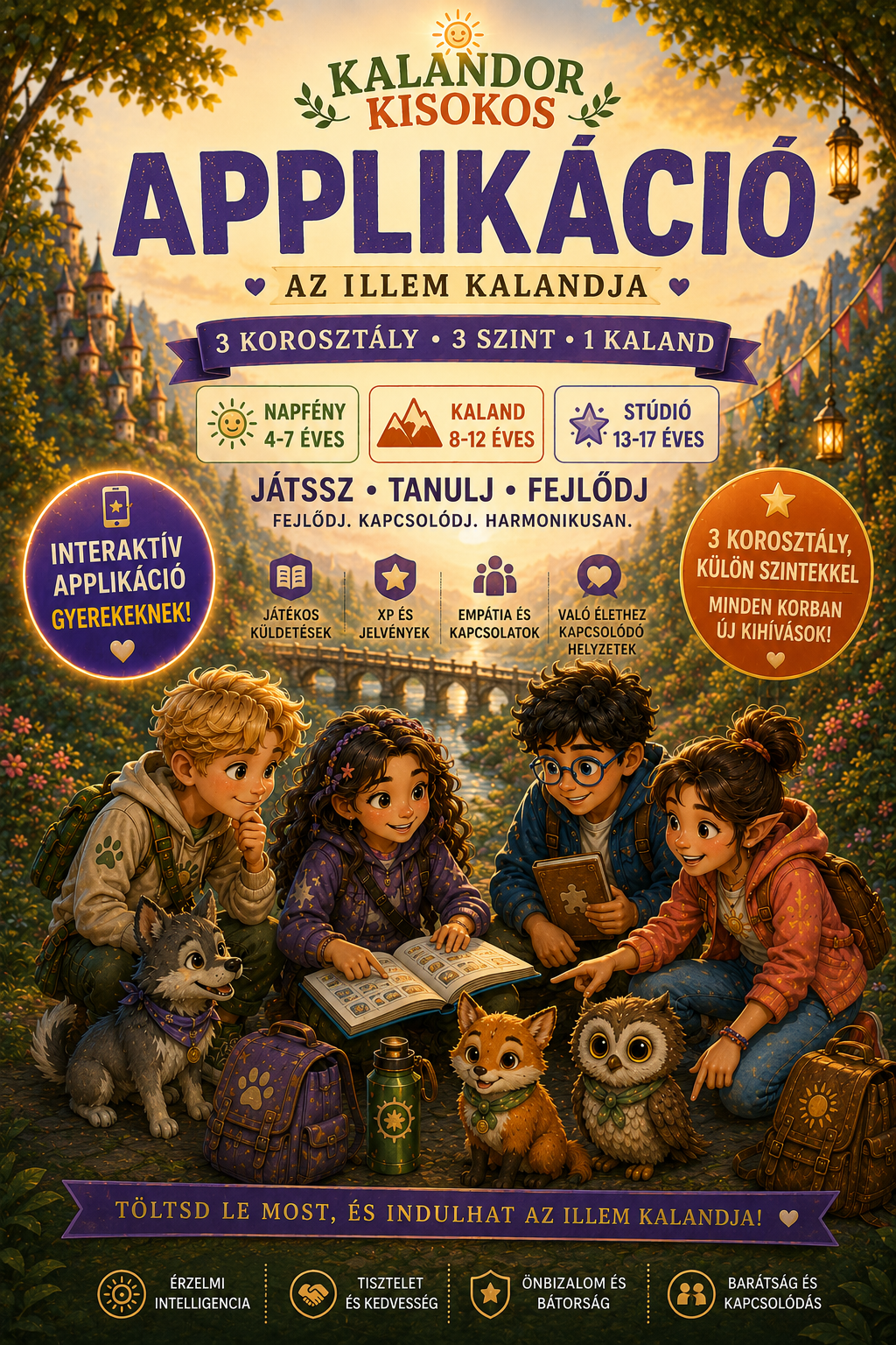 Kalandor Kisokos™ – Interaktív illem- és társas készségfejlesztő applikáció 4–17 éveseknek